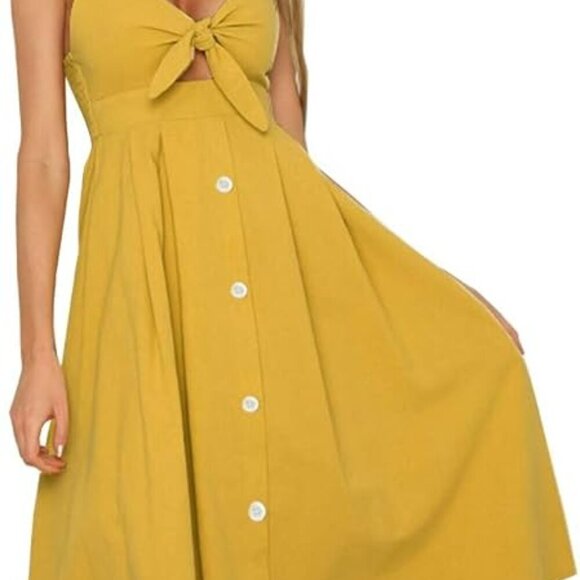 Yellow Tie Front Button Down Spaghetti Strap Midi Dress - Tumeric color - Picture 6 of 12